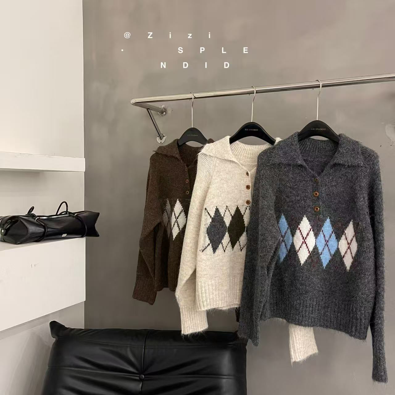 zizi@30267 韩系百搭撞色菱格polo领毛衣 11-7