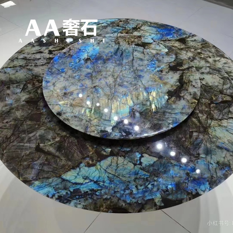 大理石家用蓝翡翠天然奢石餐桌长方形圆桌现代简约轻奢高级感圆形