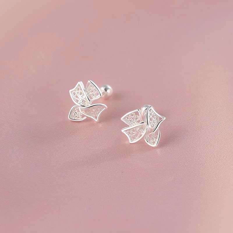 足银耳饰 足银蝴蝶结拧豆方丢耳钉气质甜美时尚百搭精致清新网红