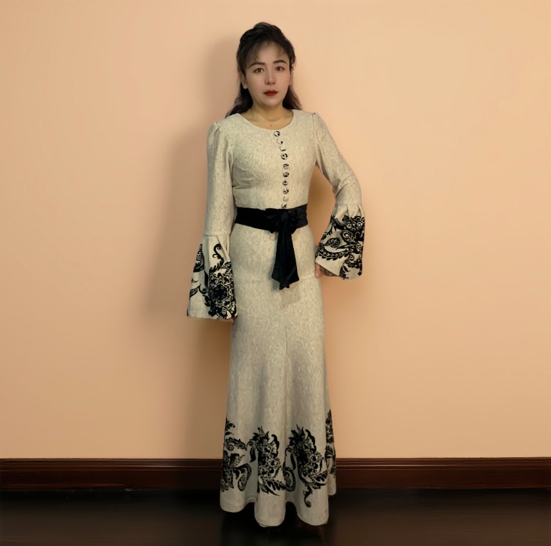 时尚套装设计师长款轻奢时尚女装修身复古提花显瘦长袖针织秋冬