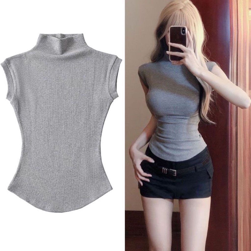 无袖纯欲风女款甜辣复古修身T恤性感风立领半高领