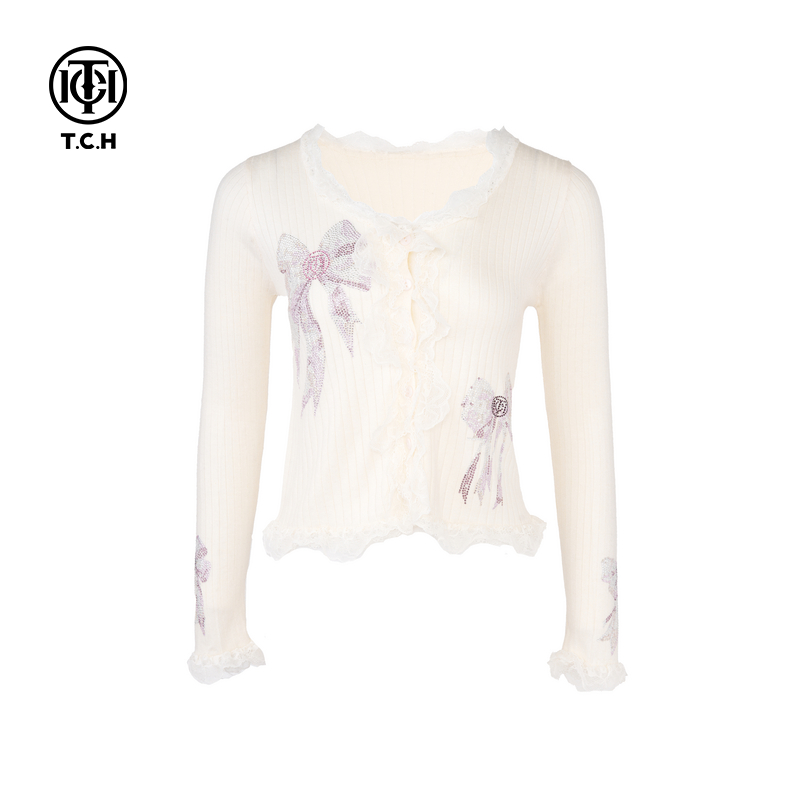 -TCH蝴蝶结烫钻时尚休闲蕾丝气质长袖针织开衫T75A43E5010