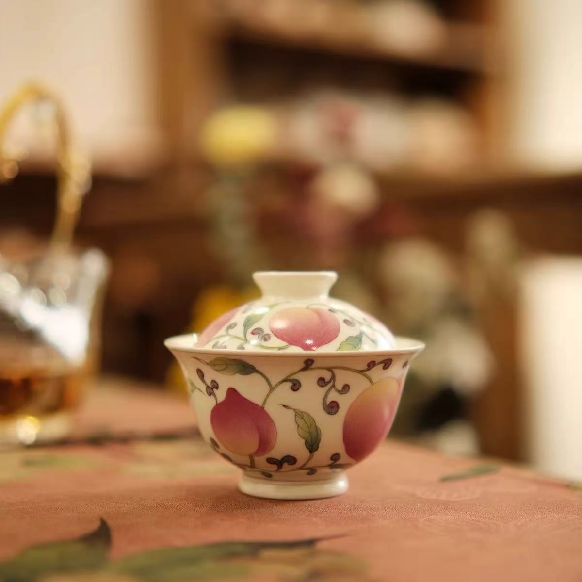 《梦乔茶器》雅圣景德镇手工手绘缠枝桃盖碗釉上彩高温高端精美窑口