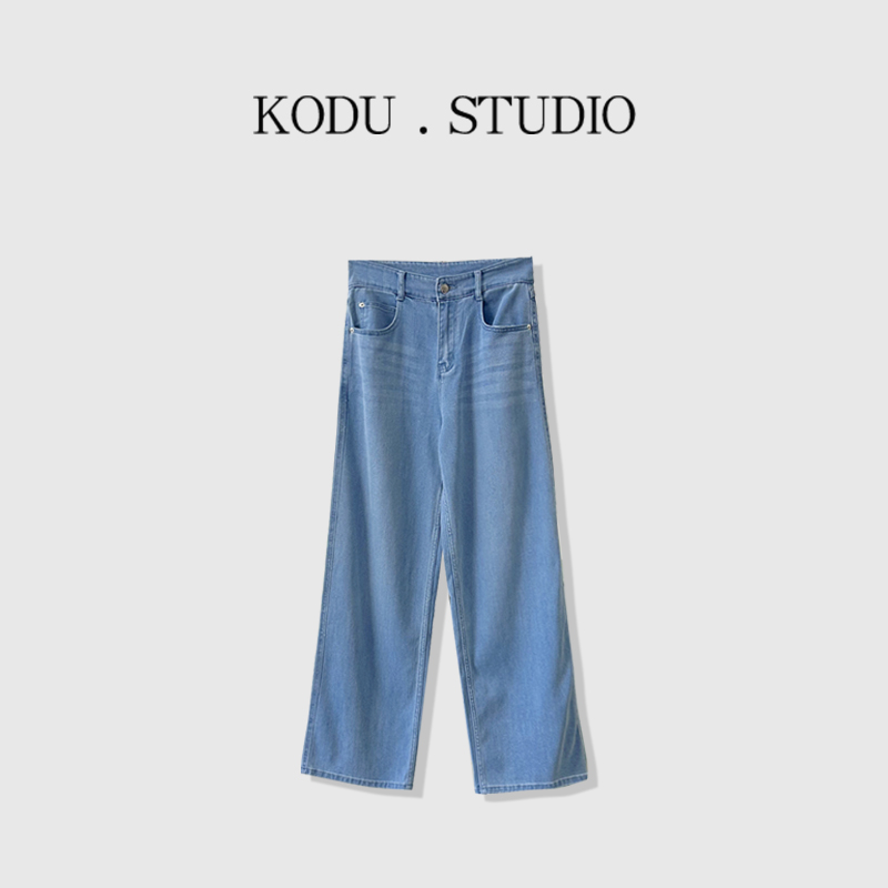E【刻度KODU】LY-5207夏季百搭柔软垂感高腰浅蓝色直筒阔腿牛仔裤