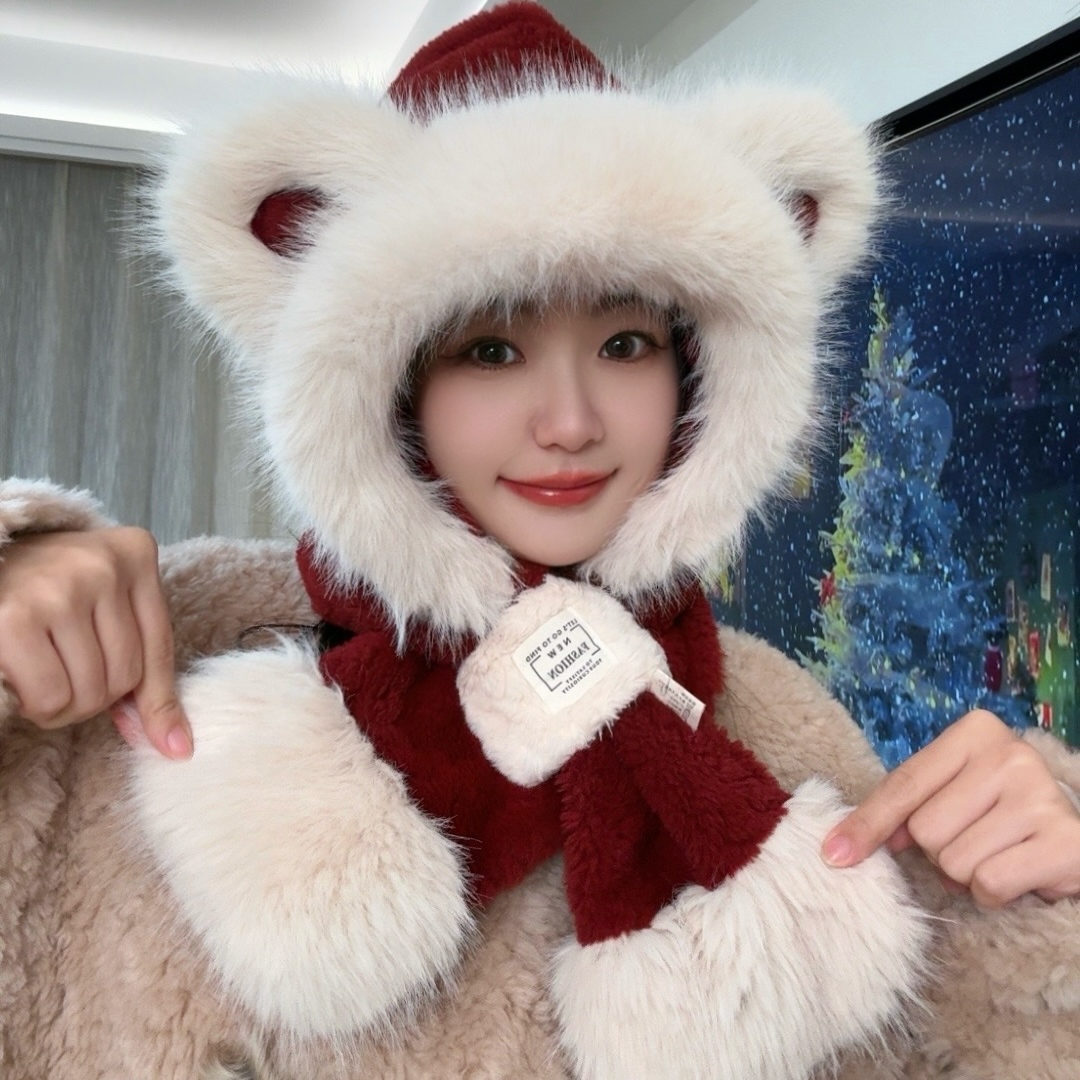 【安可拉红新款小熊保暖帽】帽子围巾一体女防寒围脖保暖护耳可爱冬
