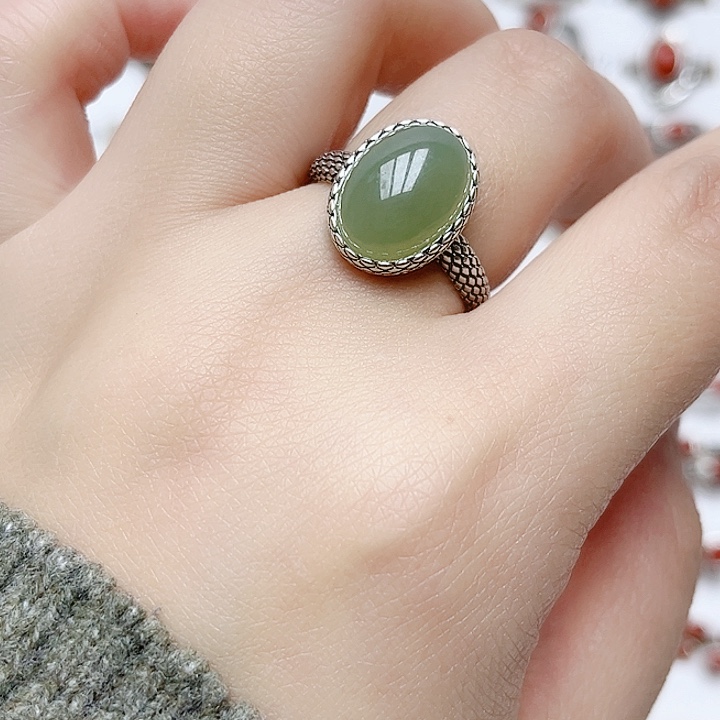 和田玉戒指银S925镶嵌天然