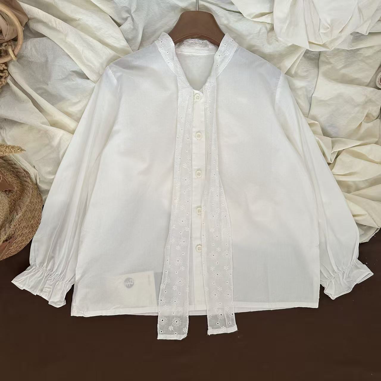 春秋款新款女童纯棉结带连领衬衫时尚百搭上衣长袖衬衣外套儿童