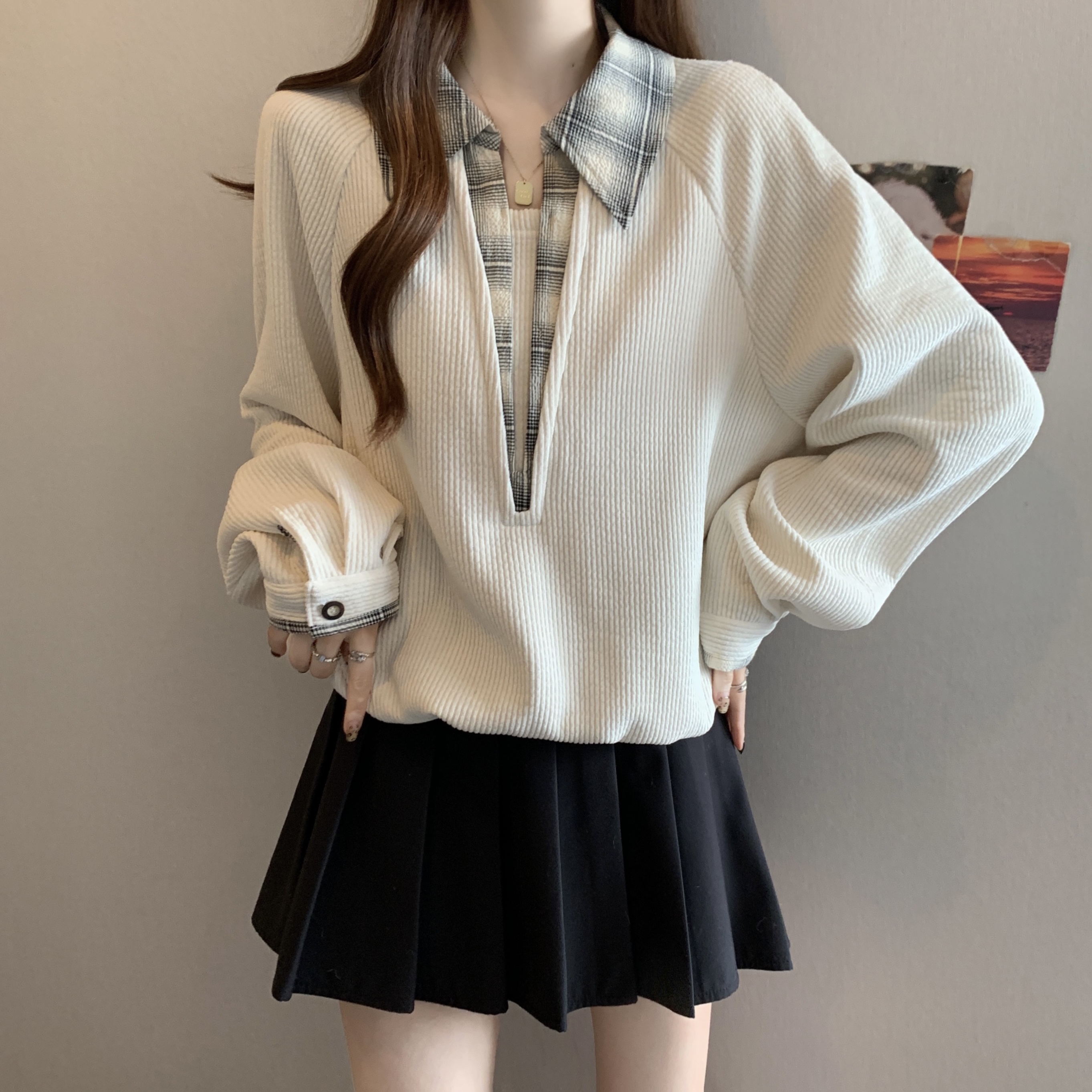 大码胖mm秋冬季新款假两件拼接卫衣洋气休闲百搭宽松上衣