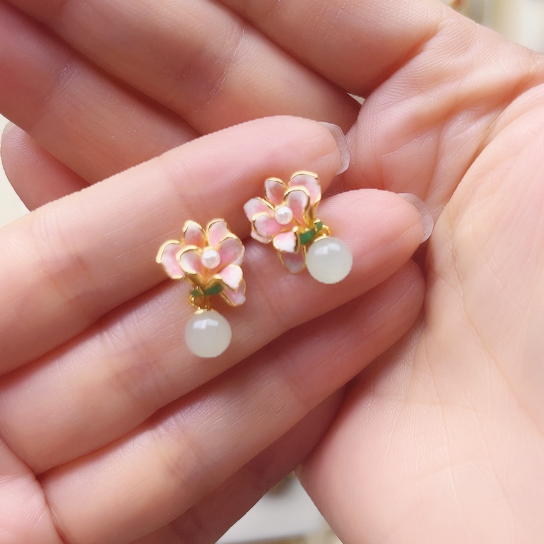 和田玉银S925镀金镶嵌耳饰