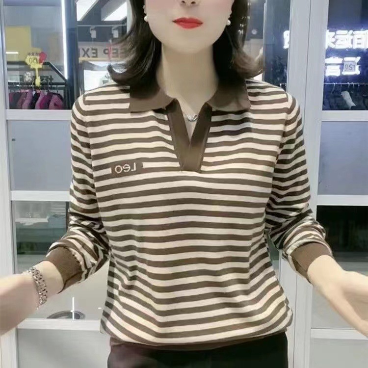 春秋季新款条纹气质休闲长袖T恤女妈妈装翻领上衣显瘦减龄打底衫