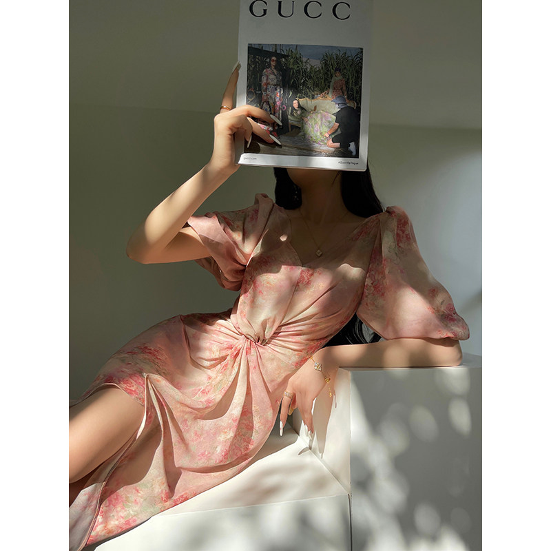 Aconiconi｜杏花微雨 法式碎花雪纺显瘦连衣裙设计感两穿气质优雅