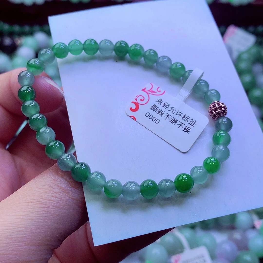正品天然翡翠A货 老坑双彩飘绿手链卡6➕玉手串时尚绿色清新冰透