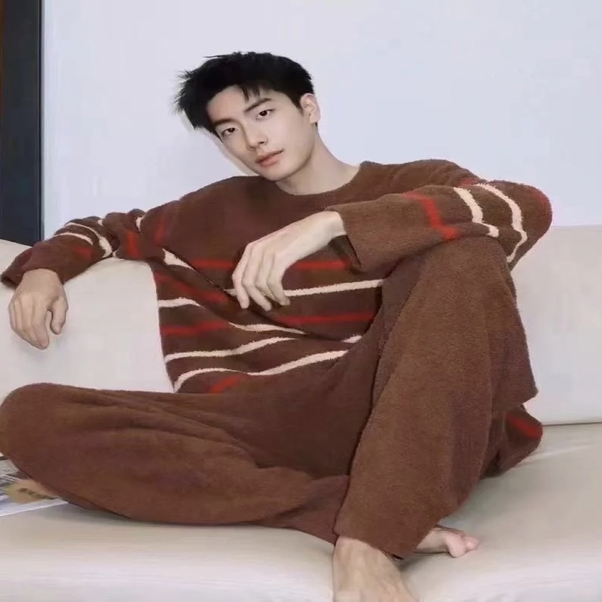 内-wai秋冬男女情侣可外穿半边绒家居服套装