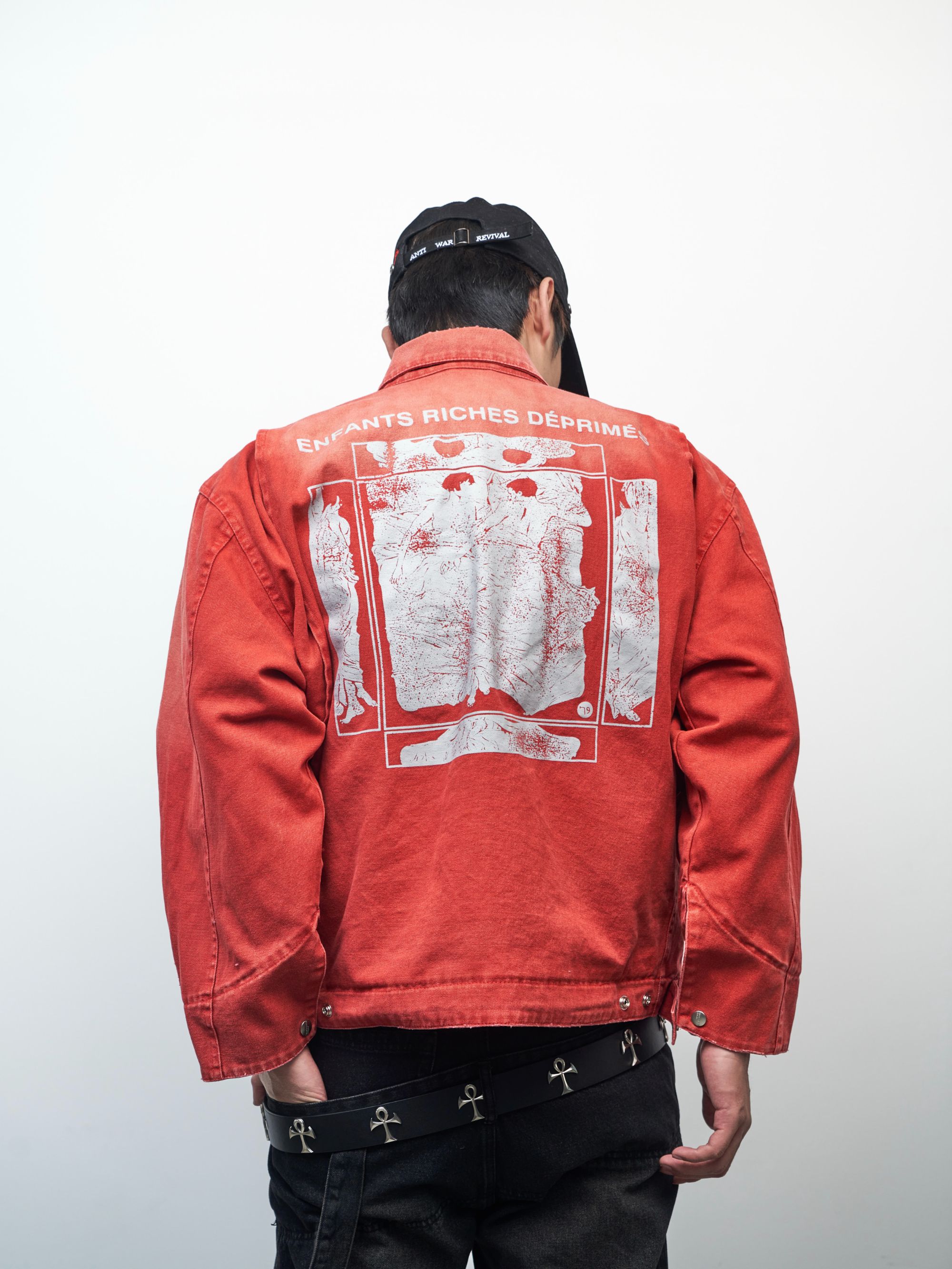 ASHDARK*ERD底特律翻领造旧磨破短宽罗曼蒂克印花工装夹克外套 