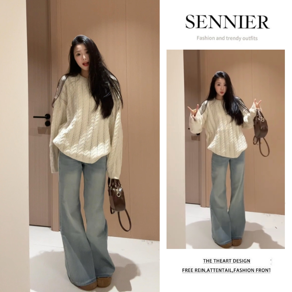 【现货】秋季穿搭女2025新款韩版百搭套头针织上衣显瘦牛仔裤两件套