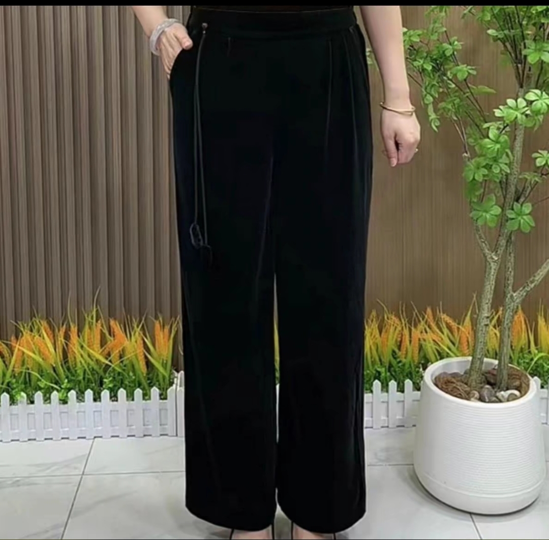 新款流苏丝绒高腰中老年妈妈时尚洋气(加肥直筒裤)