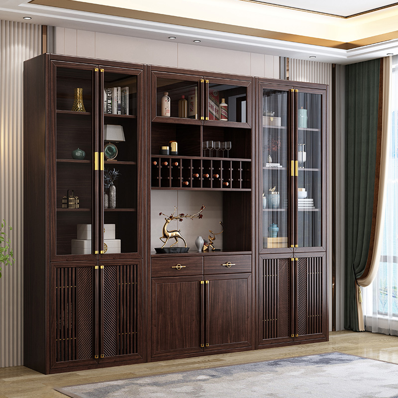 新中式乌金木实木组合柜实木带玻璃柜门书房储物柜一体靠墙收纳柜