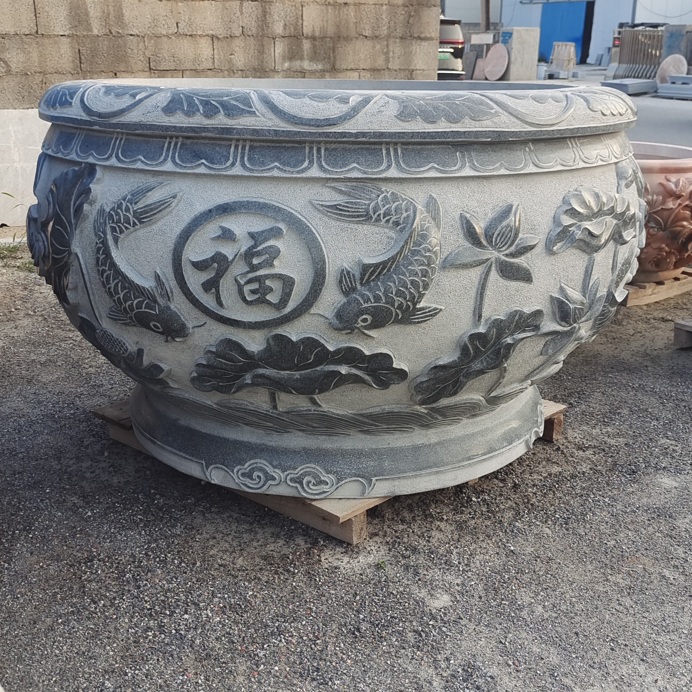 仿古石雕花盆庭院户外养鱼荷花缸青石水缸摆件