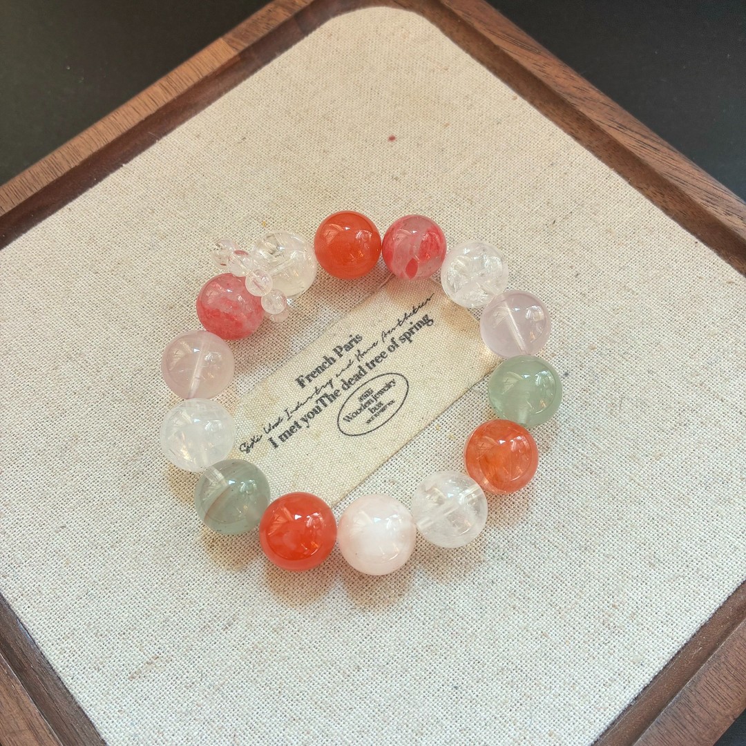 天然多宝水晶手串翠绿幽灵搭配蔷薇石粉水晶兔毛白幽灵蓝针
