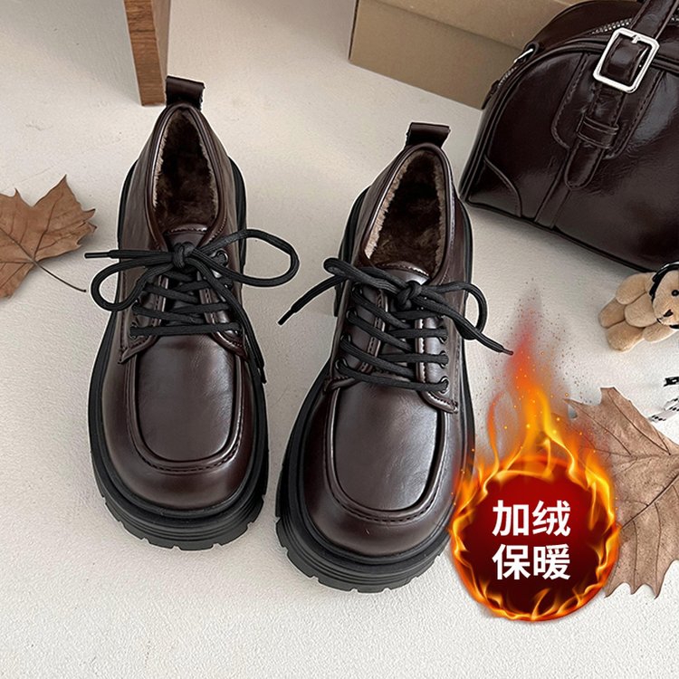 加绒保暖百搭防磨圆头冬季增高乐福鞋皮鞋少女风粗跟保暖秋冬系带