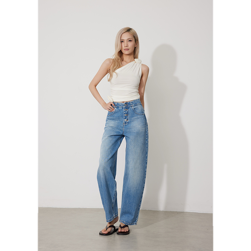 RUGOSAM【老爹裤系列】春中腰女单排扣显瘦牛仔裤RB0281