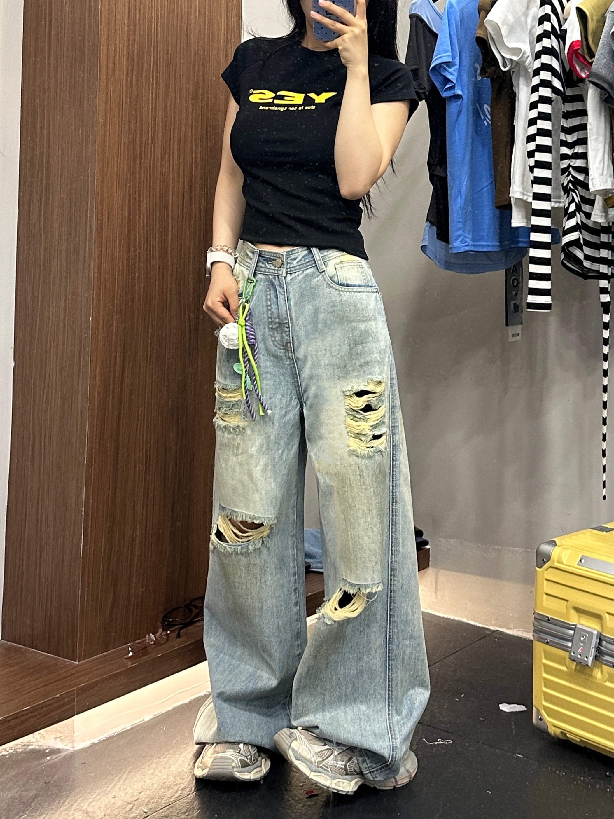 恩恩自制【潮流破洞】复古怀旧洗水牛仔裤四季款宽松显瘦拖地裤