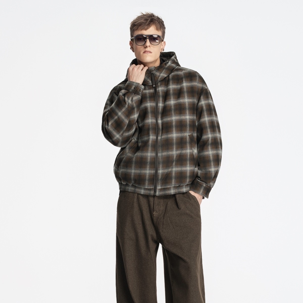 2025秋冬新潮设计师款宽松青少年磨毛格子连帽长袖羽绒服夹克外套