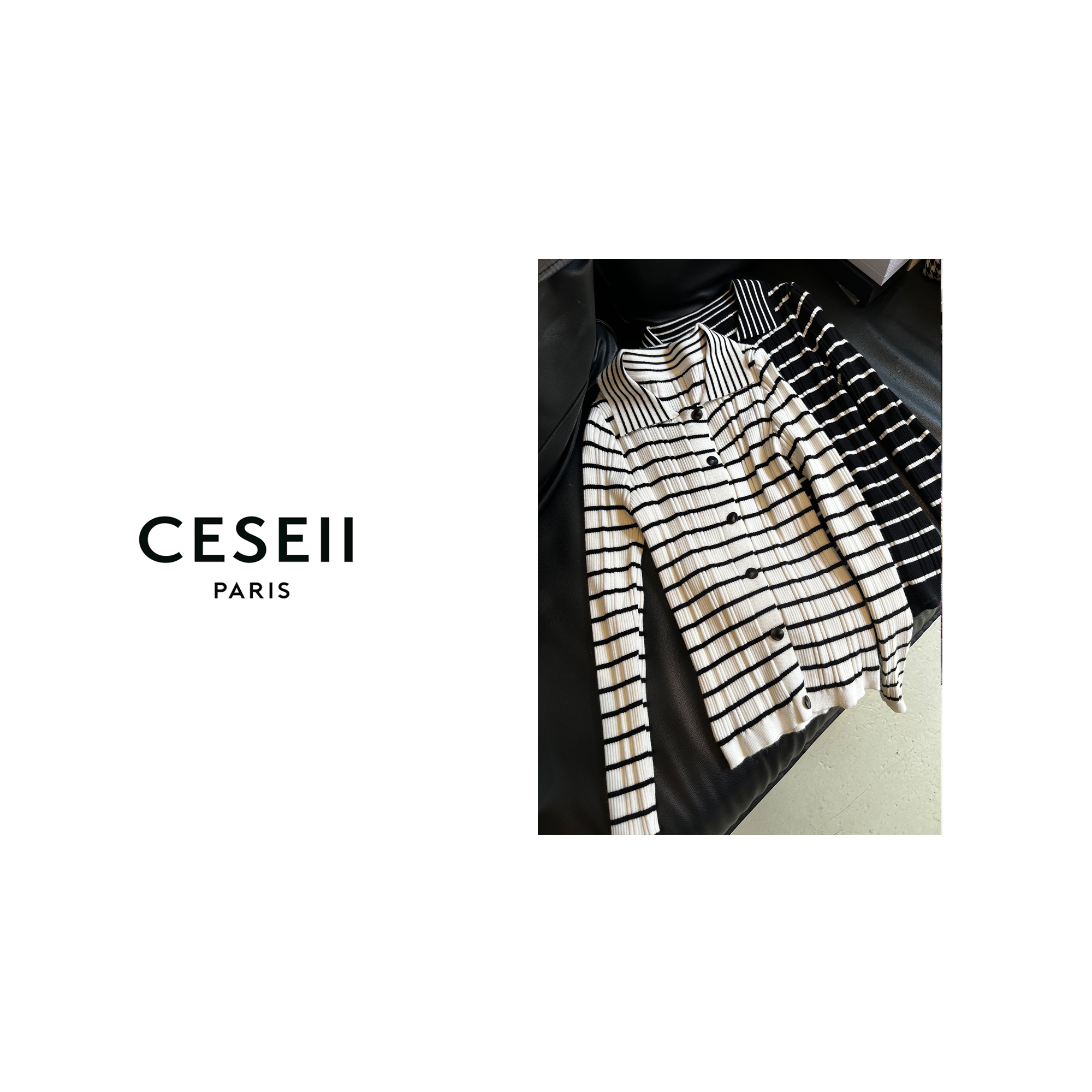 【XJ1281】CESEII秋冬高端时尚香奶风色织黑白条细腻厚实针织开衫