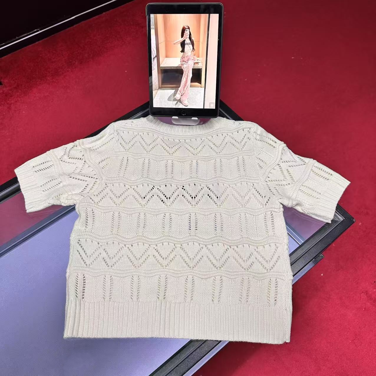 E621时尚毛衣休闲百搭镂空毛针织衫中袖上衣圆领短袖针织衫