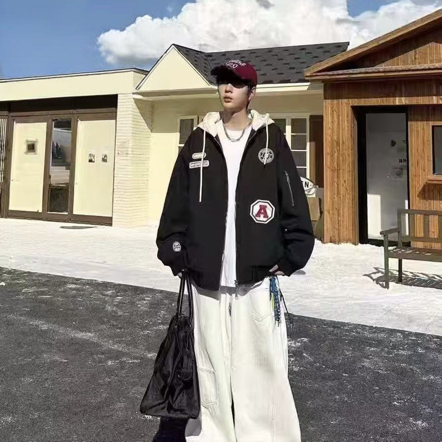 大童冬季加绒外套飞行服连帽宽松棒球服