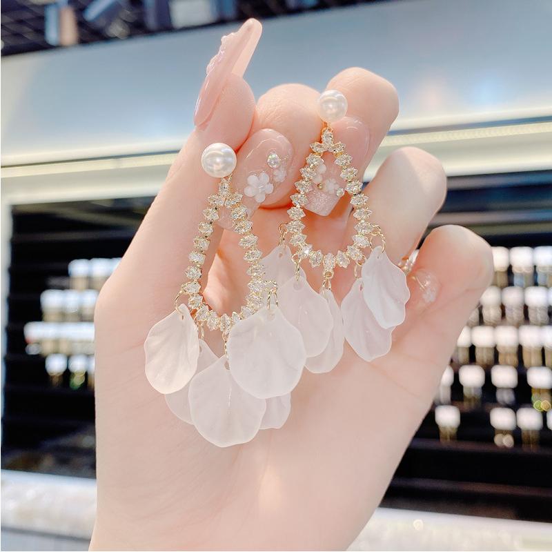 铜合金亚克力耳饰 长款时尚耳环【度假】锆石水滴型花瓣流苏耳坠