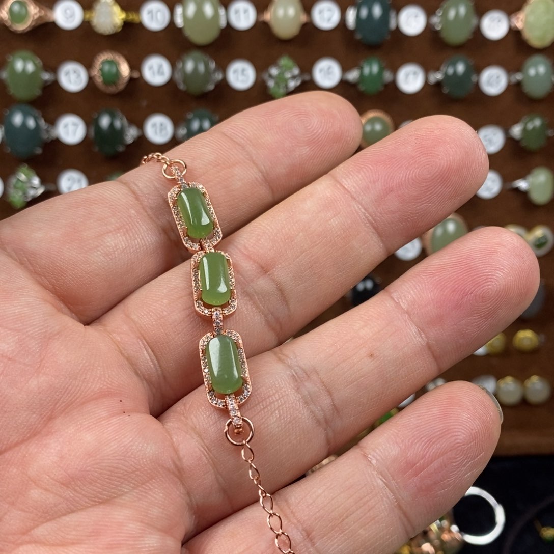 和田玉（碧玉）戒指银S925镀金镶嵌