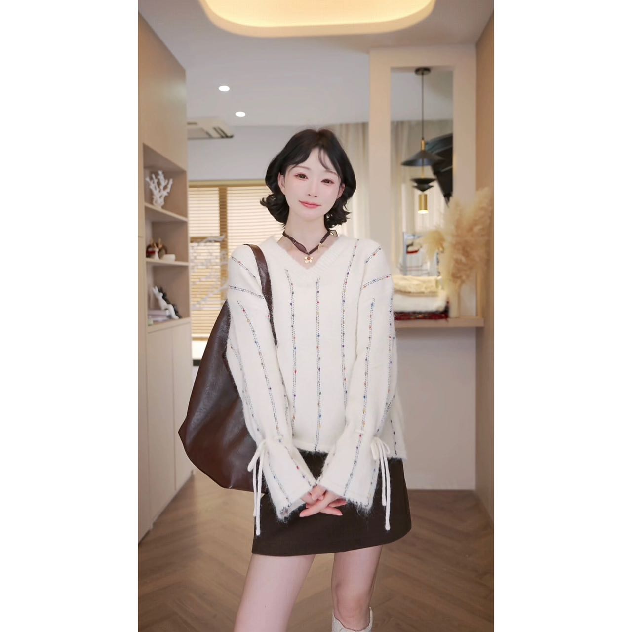 【柒小晴定制】秋冬条纹V领套头针织衫