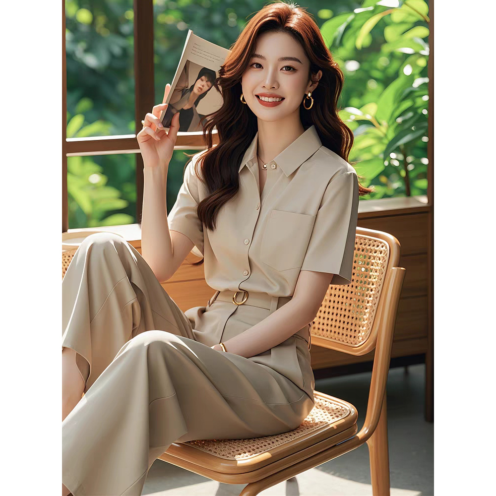 2025年夏季新款时髦时尚洋气显瘦遮肉卡其色衬衫裤子两件套装女装