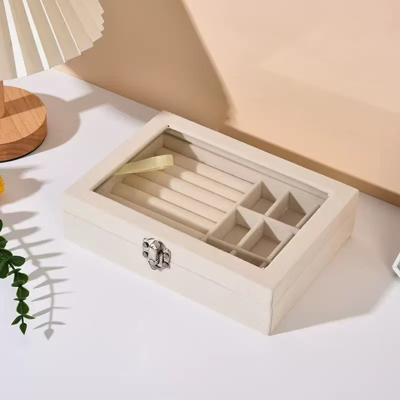 首饰盒/箱 大容量绒布带盖防尘首饰展示盒戒指耳环等饰品收纳