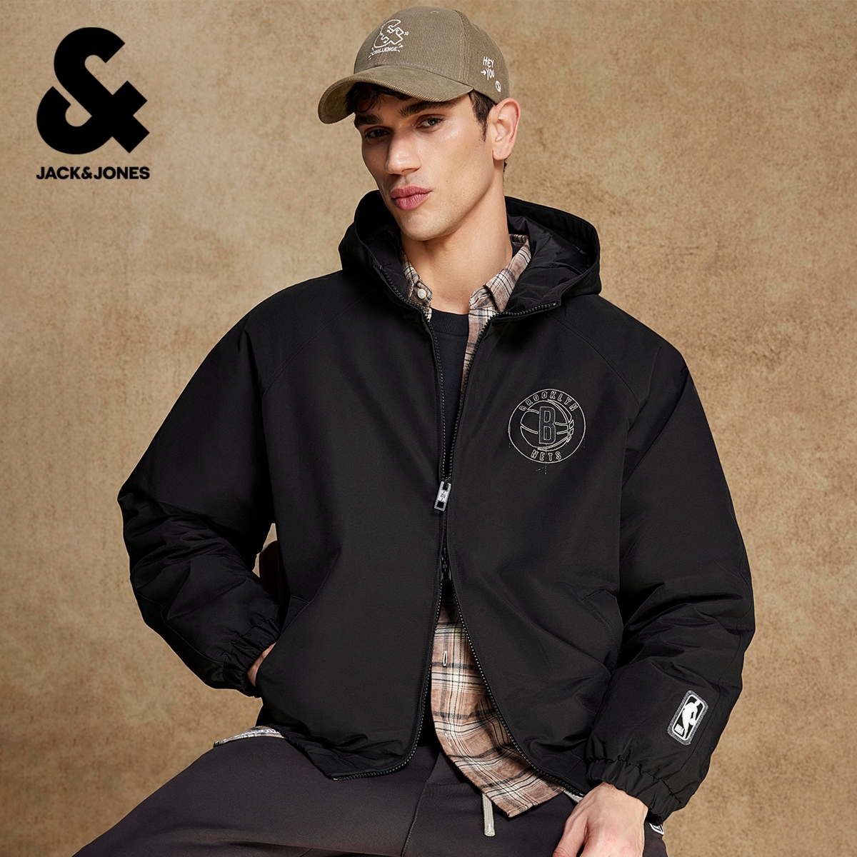 杰克琼斯春季棉服宽松连帽双头拉链NBA联名布鲁克林球队上衣潮