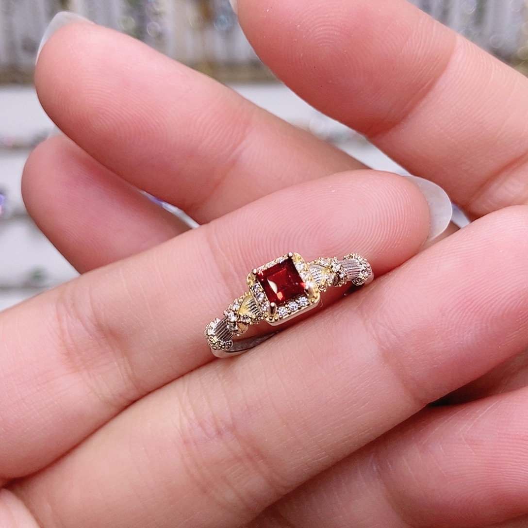 戒指石榴石银S925镶嵌