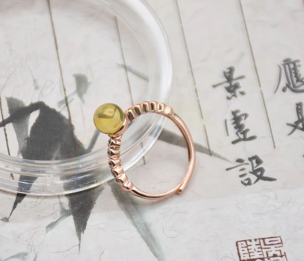 天然琥珀单珠戒指简约蓝珀百搭戒圈
