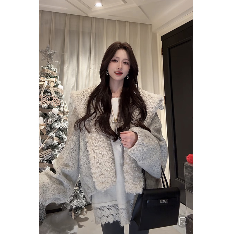  鱼er【椰蓉雪球】设计师高定/羊毛特种纱翻领毛毛夹棉外套