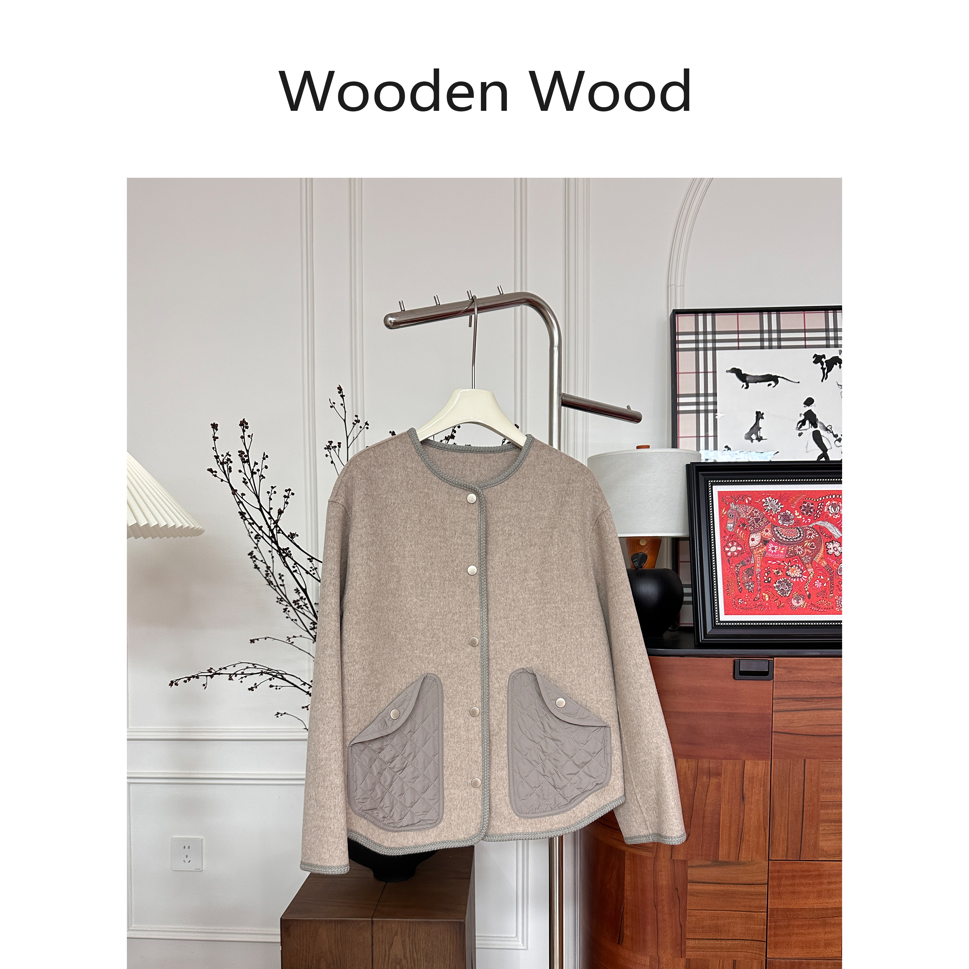 Wooden Wood“左岸诗篇”秋冬女极简老钱风绵羊毛菱格短外套P25736