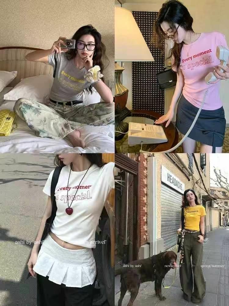 休闲直筒型T恤短袖包臀印花性感圆领显瘦纯色字母