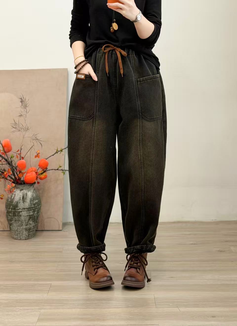 秋冬款加绒工装哈伦裤女新款大码显瘦牛仔裤宽松休闲百搭老爹裤