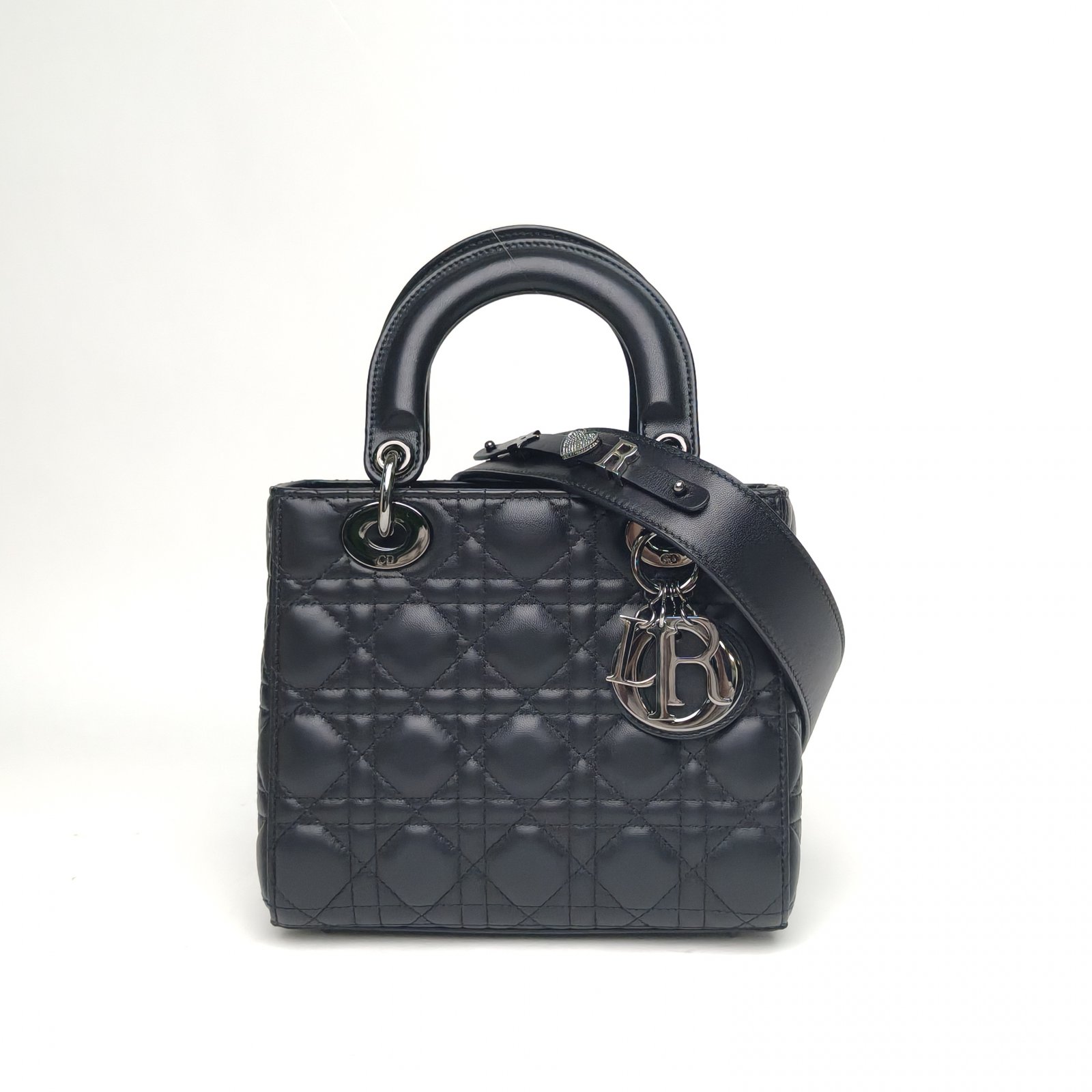 95新 DIOR/迪奥 【黑黑】戴妃包 四格 黑色 皮革S 银扣 2021 