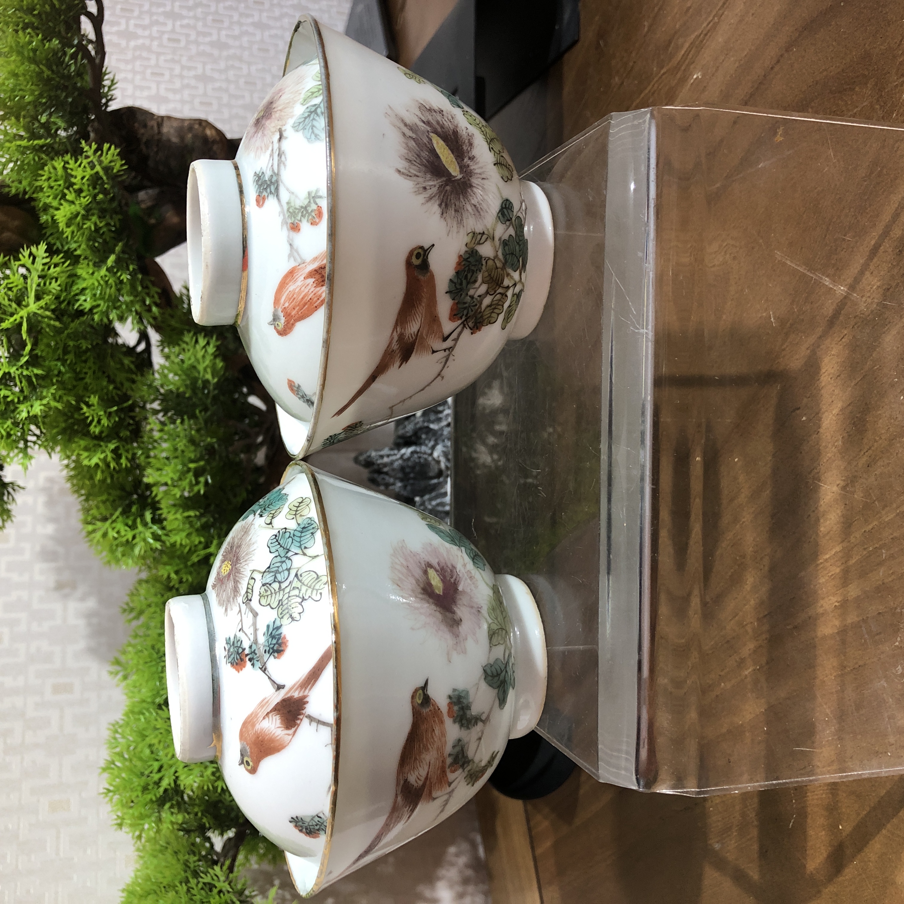 民国浅绛花鸟盖碗一对【古董拍卖】