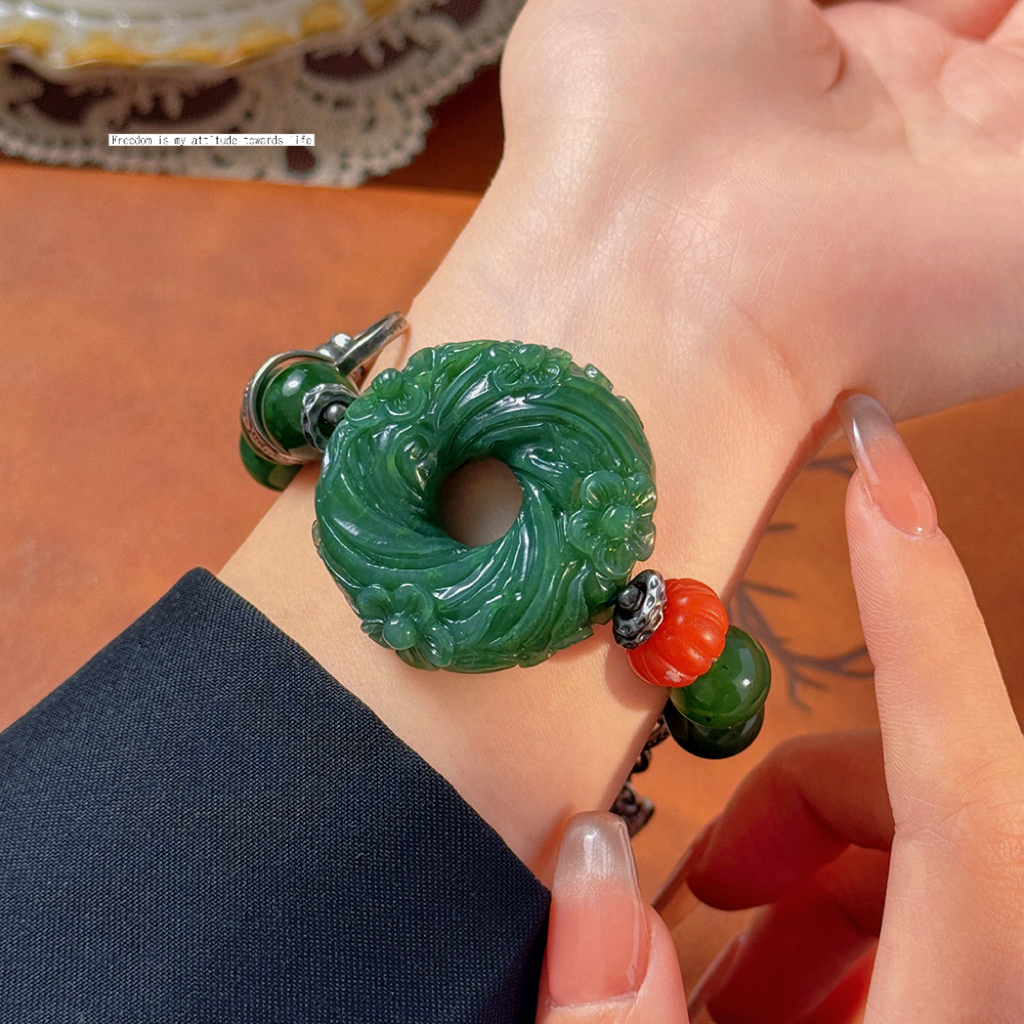 【乘风破浪】天然精美和田碧玉平安扣滚滚来财手链[00203]