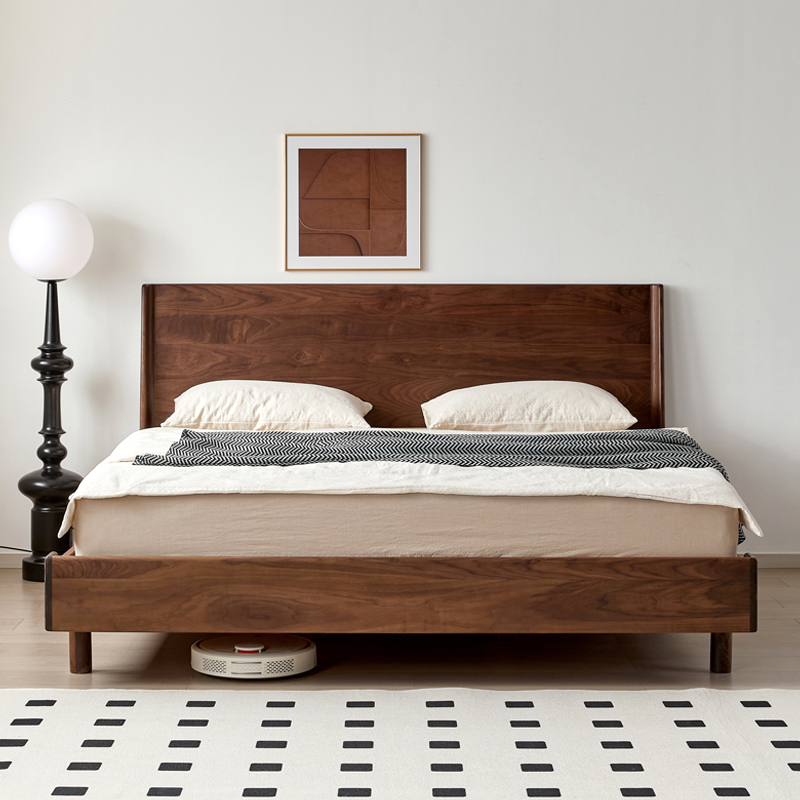 2342北美黑胡桃木全实木双人床简约现代主卧1.5米1.8米悬浮床大床