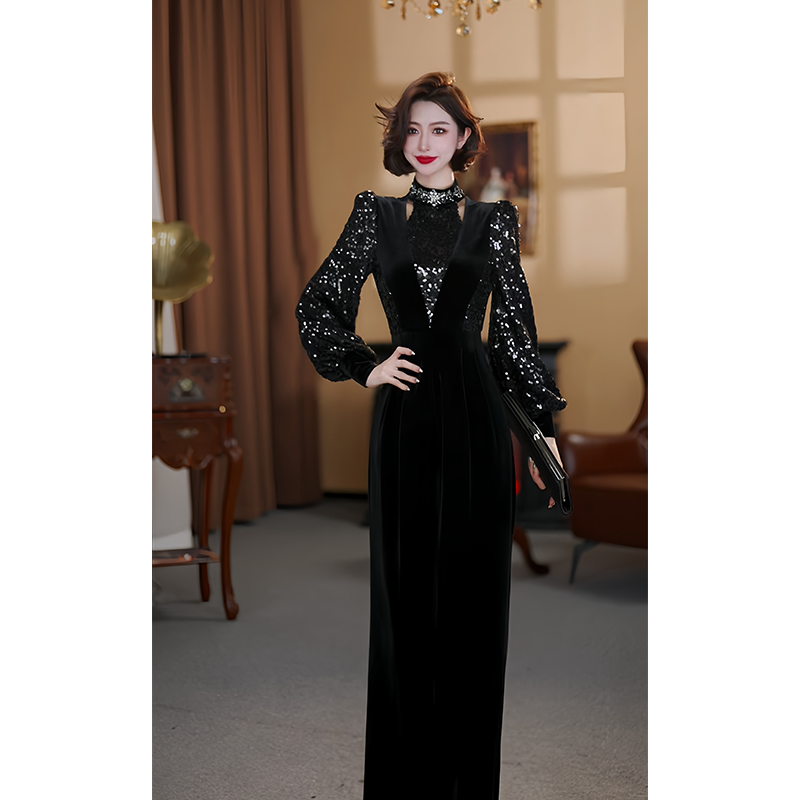 【大晶专属】“月光恋曲”高定亮片气质优雅高腰秋冬丝绒拼接连衣裙