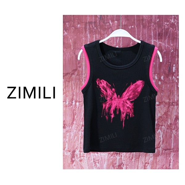 【亮哥女装】2026春季新款简约暗夜黑蝴蝶水印时尚高弹背心9298-B8