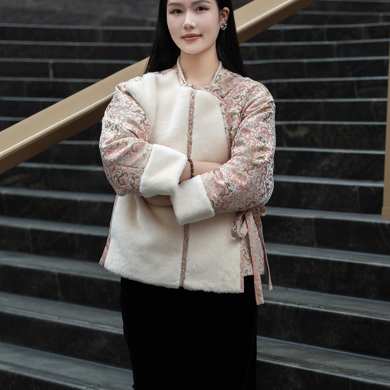 盛唐婧|新中式重缎真丝宋锦羊毛外套-粉色国风女装桑蚕丝秋冬