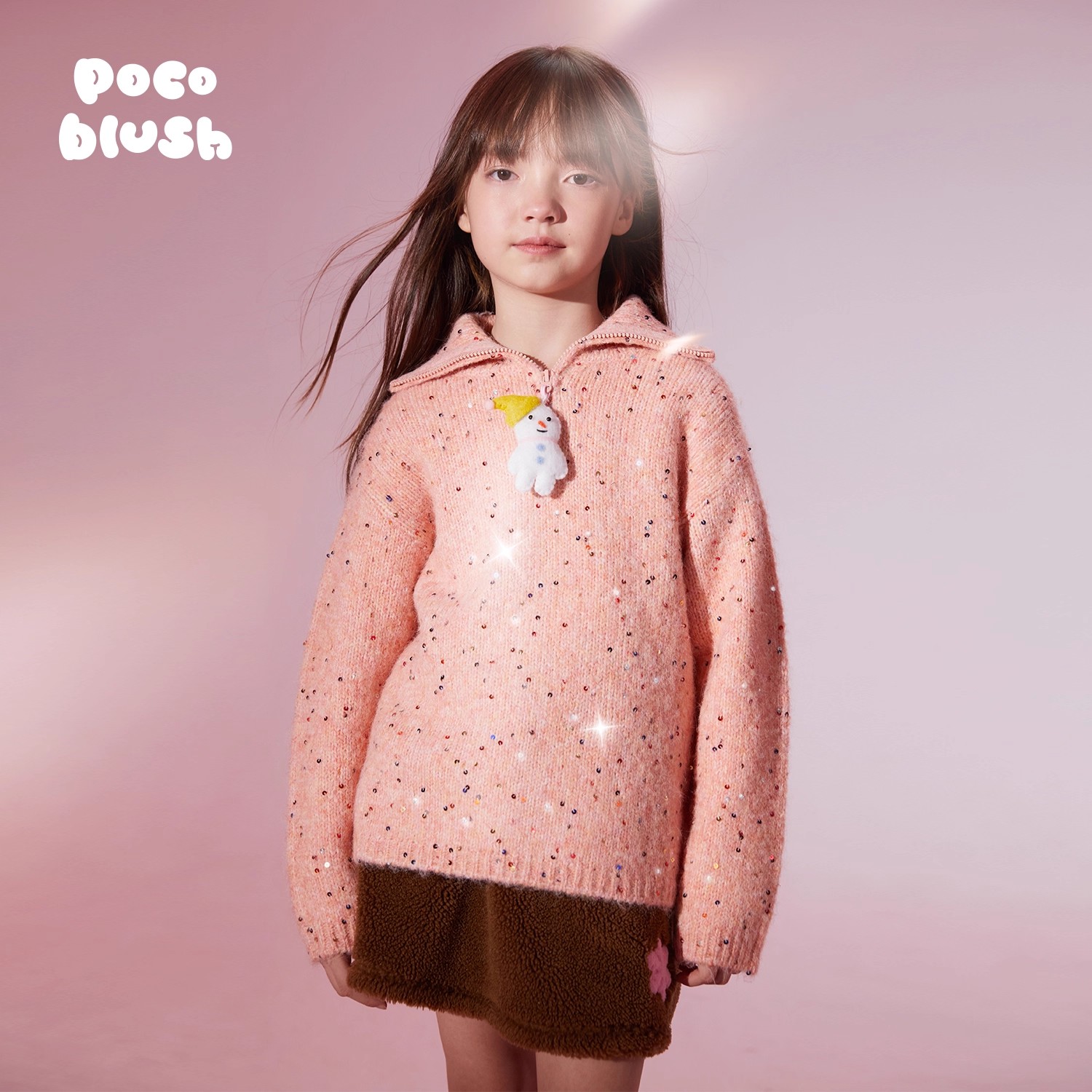 pocoblush【闪着光的雪人】亮片毛衣儿童秋冬高领针织上衣公主风